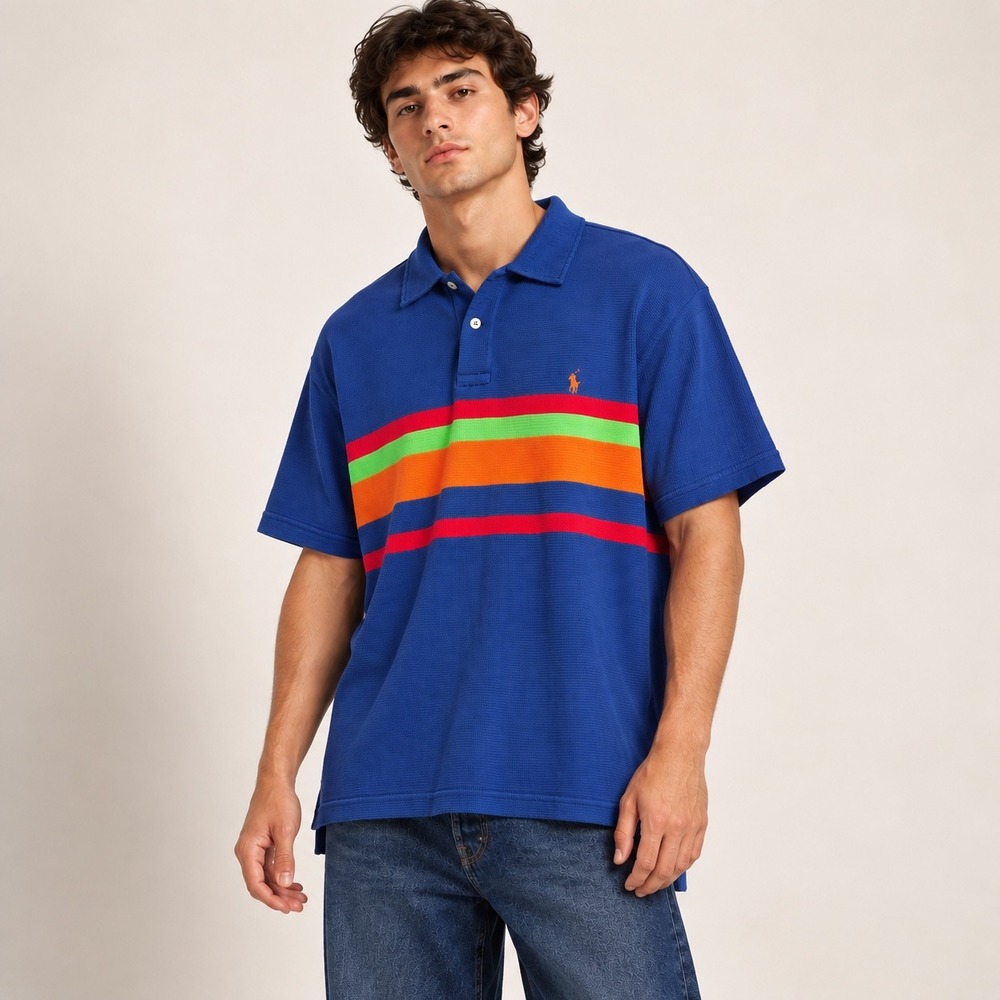 New Vintage 90s Polo Ralph Lauren Waffle Knit Mesh Striped Polo Shirt Blue XL